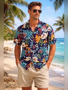 Cactus Man Ricky Singh Button Up Navy Tropical Floral Shirt